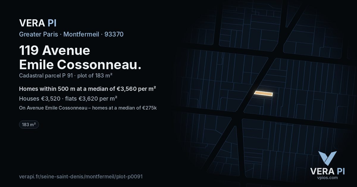 119 Avenue Emile Cossonneau, Montfermeil at night – the plot lit, the parcels around coloured by the prices near them