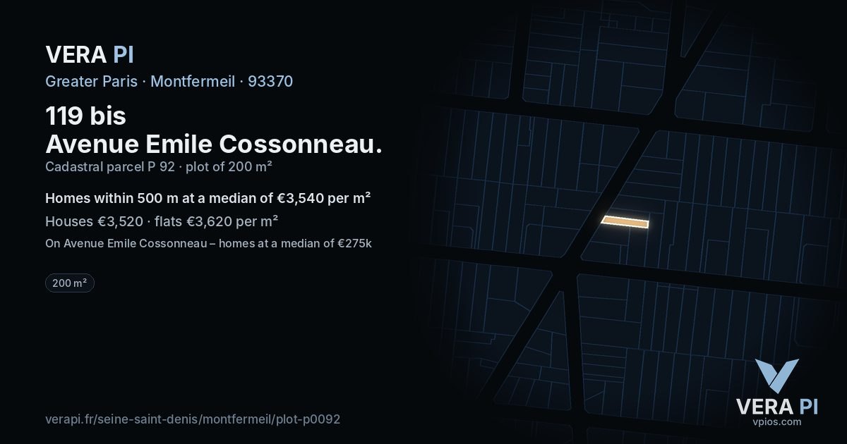 119 bis Avenue Emile Cossonneau, Montfermeil at night – the plot lit, the parcels around coloured by the prices near them