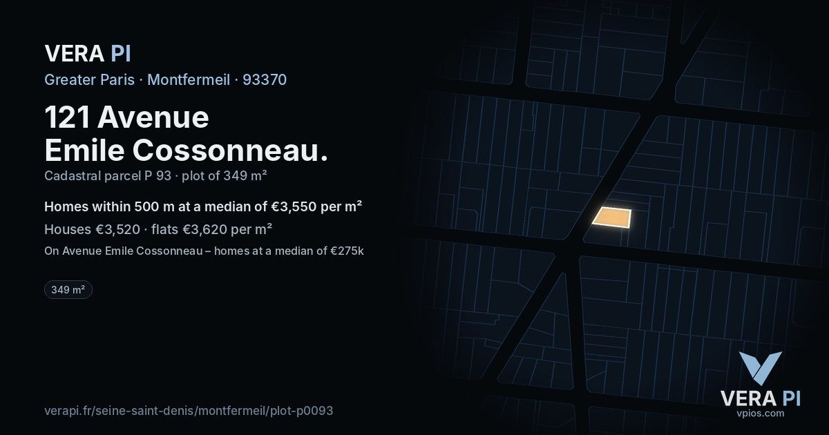 121 Avenue Emile Cossonneau, Montfermeil at night – the plot lit, the parcels around coloured by the prices near them