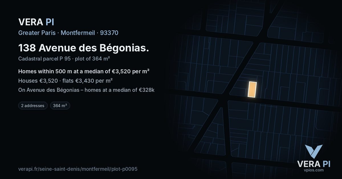 138 Avenue des Bégonias, Montfermeil at night – the plot lit, the parcels around coloured by the prices near them