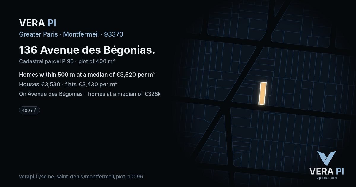 136 Avenue des Bégonias, Montfermeil at night – the plot lit, the parcels around coloured by the prices near them