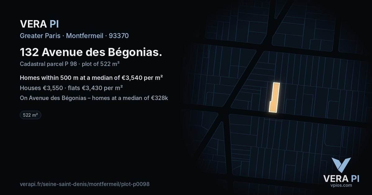 132 Avenue des Bégonias, Montfermeil at night – the plot lit, the parcels around coloured by the prices near them