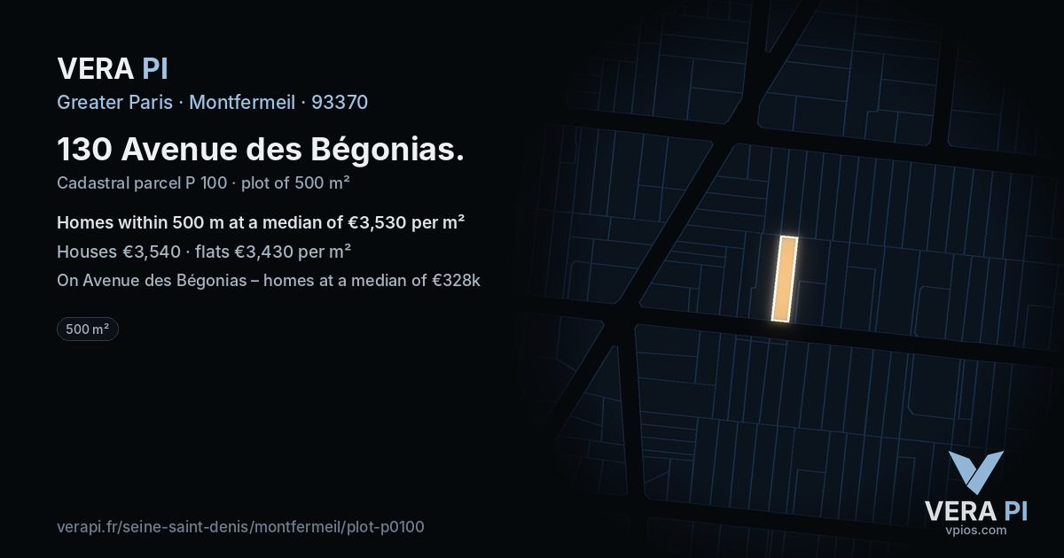 130 Avenue des Bégonias, Montfermeil at night – the plot lit, the parcels around coloured by the prices near them