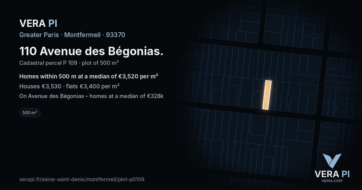 110 Avenue des Bégonias, Montfermeil at night – the plot lit, the parcels around coloured by the prices near them