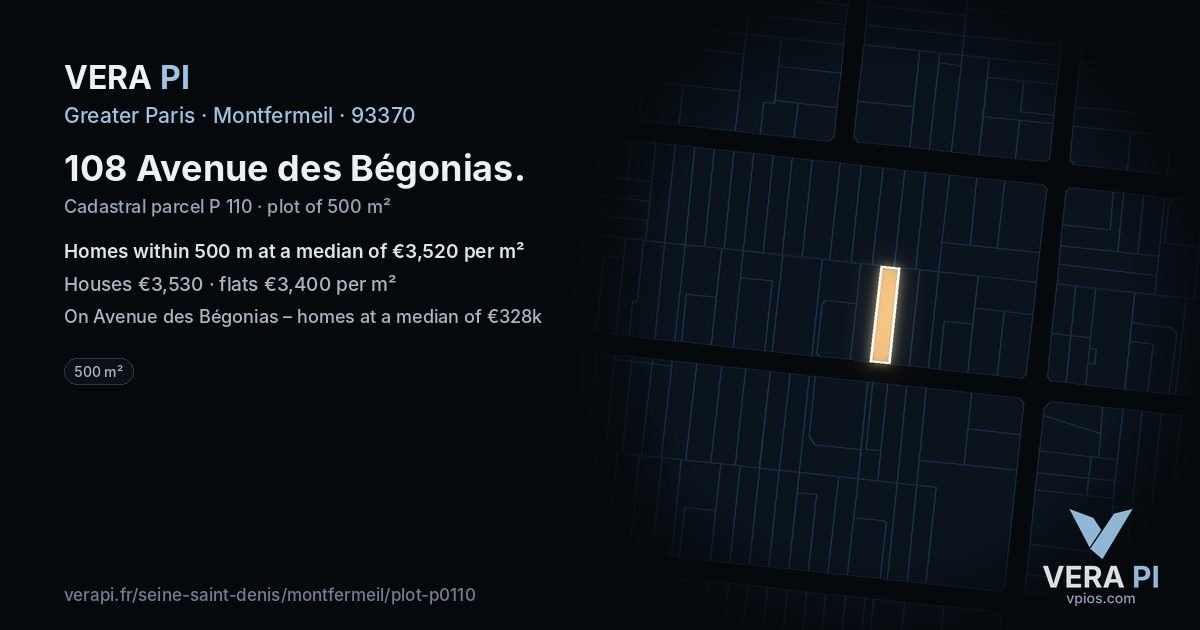 108 Avenue des Bégonias, Montfermeil at night – the plot lit, the parcels around coloured by the prices near them