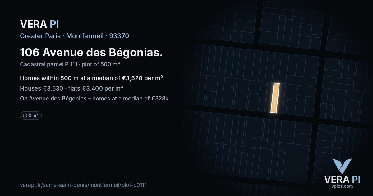 106 Avenue des Bégonias, Montfermeil at night – the plot lit, the parcels around coloured by the prices near them