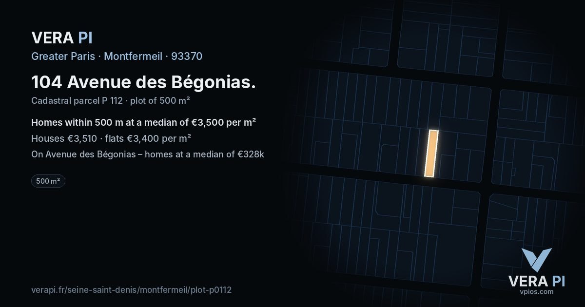 104 Avenue des Bégonias, Montfermeil at night – the plot lit, the parcels around coloured by the prices near them