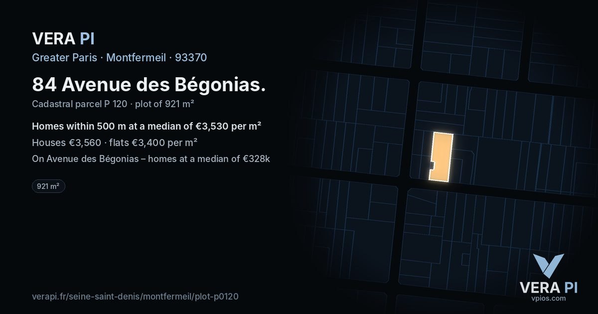 84 Avenue des Bégonias, Montfermeil at night – the plot lit, the parcels around coloured by the prices near them