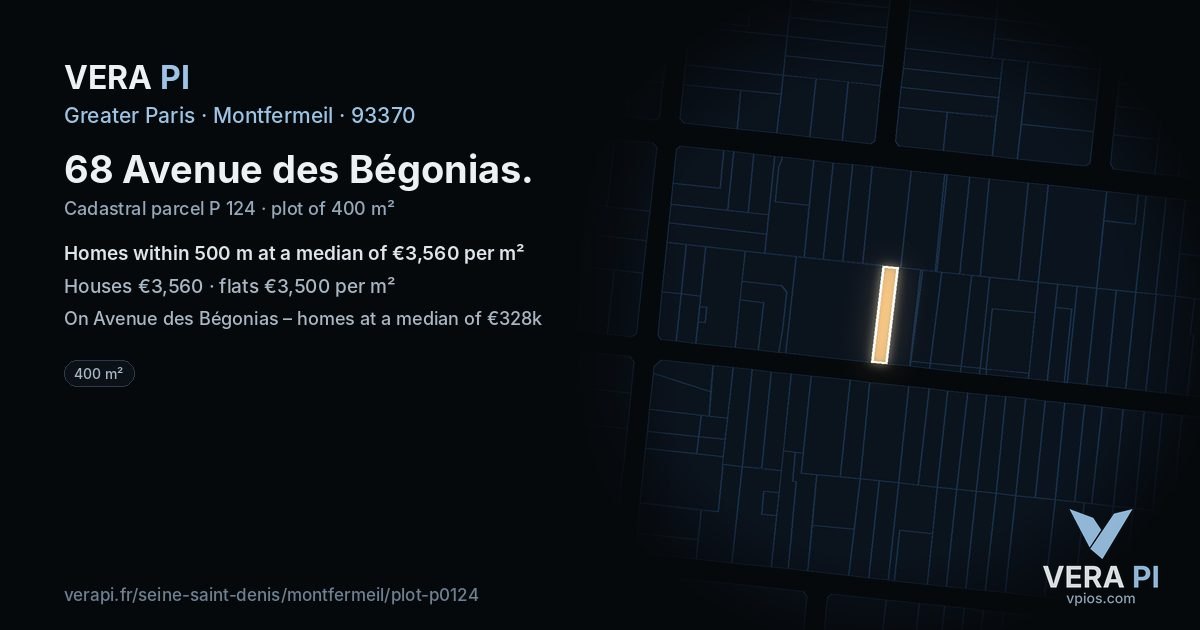 68 Avenue des Bégonias, Montfermeil at night – the plot lit, the parcels around coloured by the prices near them