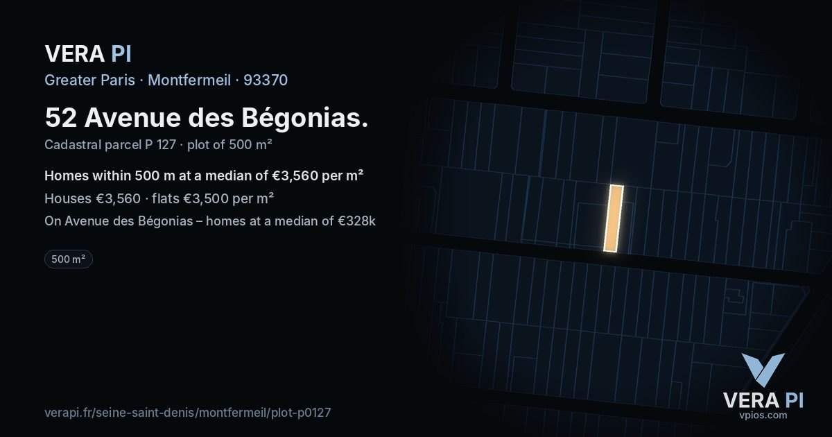 52 Avenue des Bégonias, Montfermeil at night – the plot lit, the parcels around coloured by the prices near them