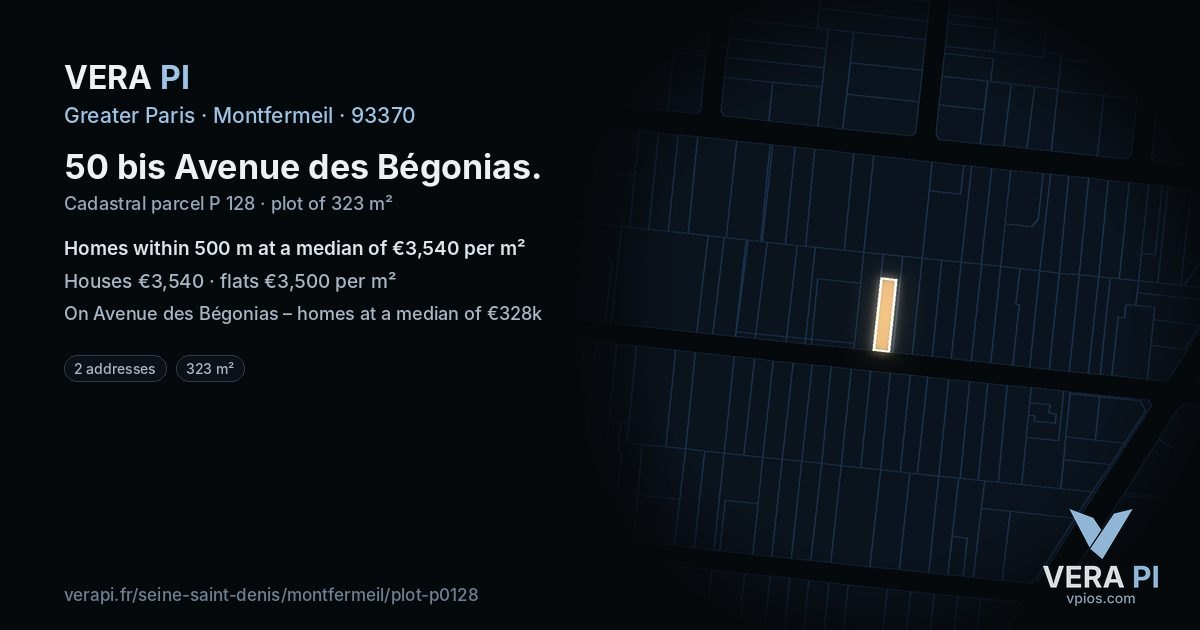50 bis Avenue des Bégonias, Montfermeil at night – the plot lit, the parcels around coloured by the prices near them