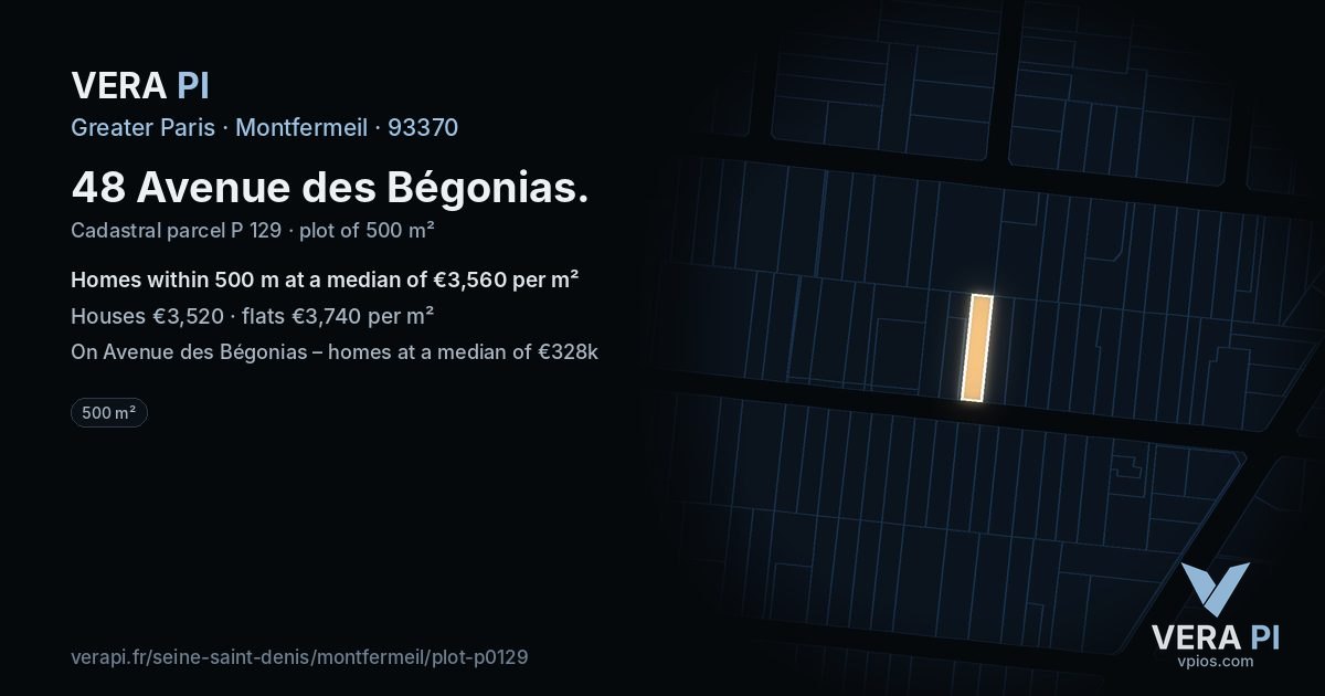 48 Avenue des Bégonias, Montfermeil at night – the plot lit, the parcels around coloured by the prices near them