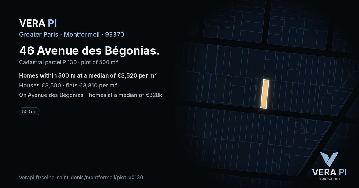46 Avenue des Bégonias, Montfermeil at night – the plot lit, the parcels around coloured by the prices near them