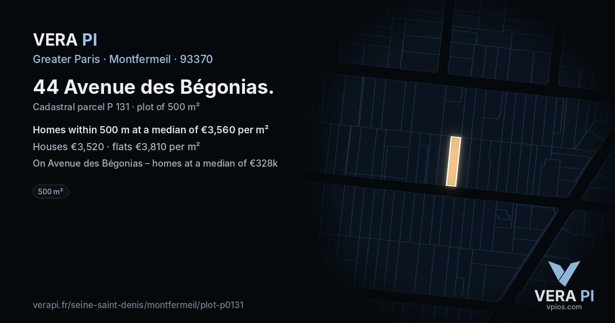 44 Avenue des Bégonias, Montfermeil at night – the plot lit, the parcels around coloured by the prices near them