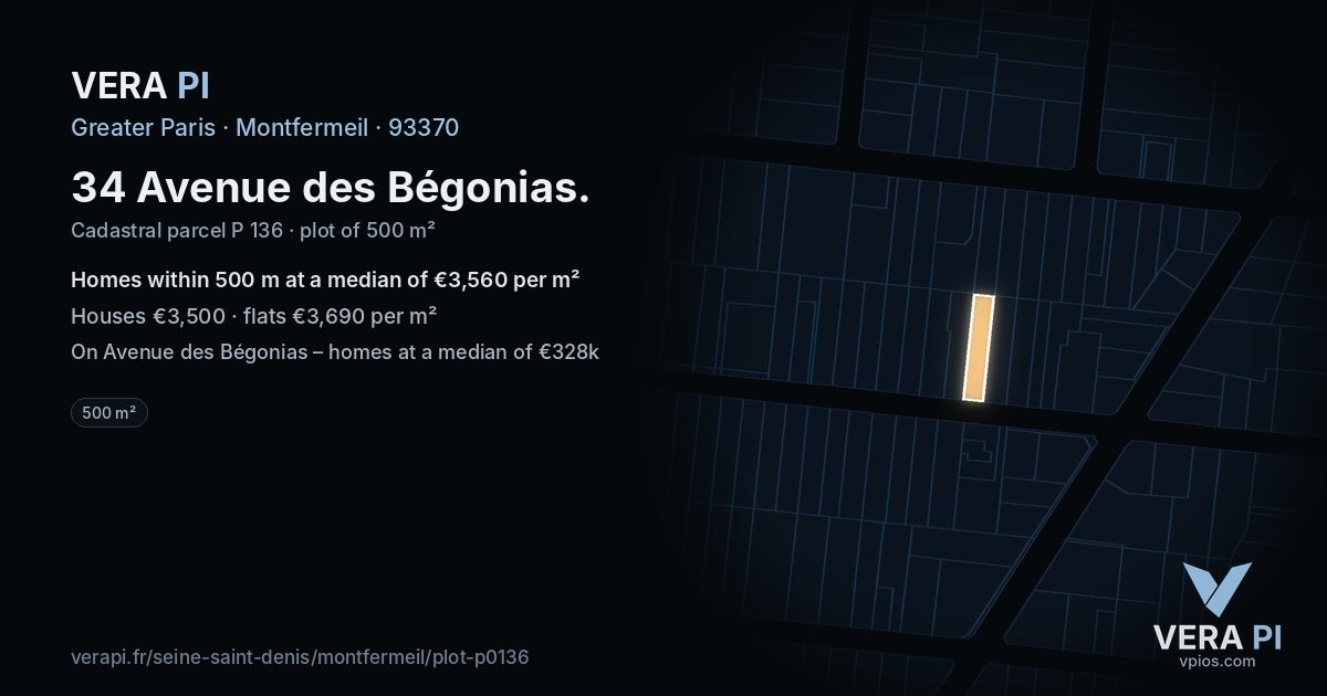 34 Avenue des Bégonias, Montfermeil at night – the plot lit, the parcels around coloured by the prices near them