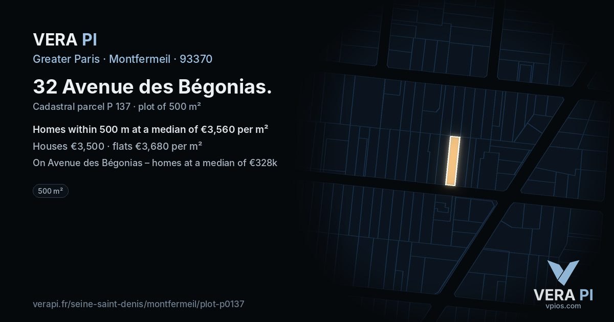 32 Avenue des Bégonias, Montfermeil at night – the plot lit, the parcels around coloured by the prices near them