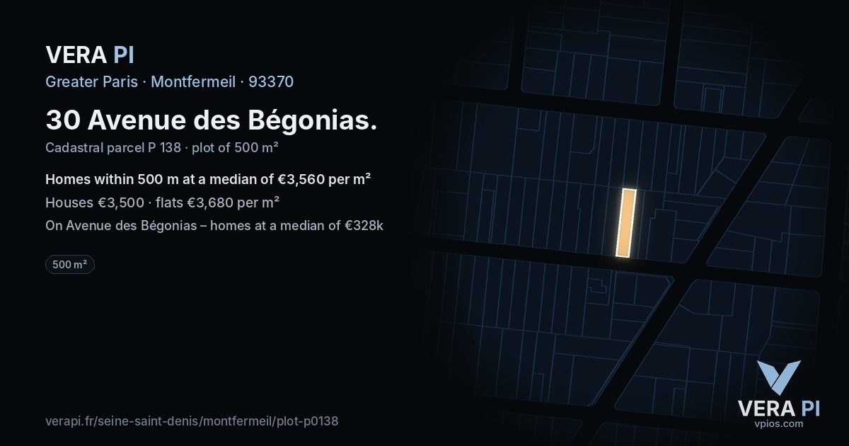 30 Avenue des Bégonias, Montfermeil at night – the plot lit, the parcels around coloured by the prices near them