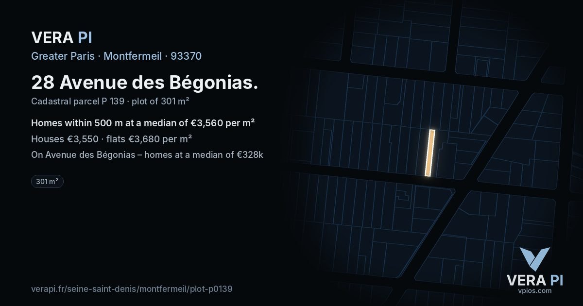 28 Avenue des Bégonias, Montfermeil at night – the plot lit, the parcels around coloured by the prices near them