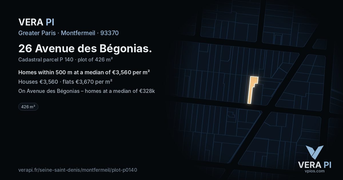 26 Avenue des Bégonias, Montfermeil at night – the plot lit, the parcels around coloured by the prices near them