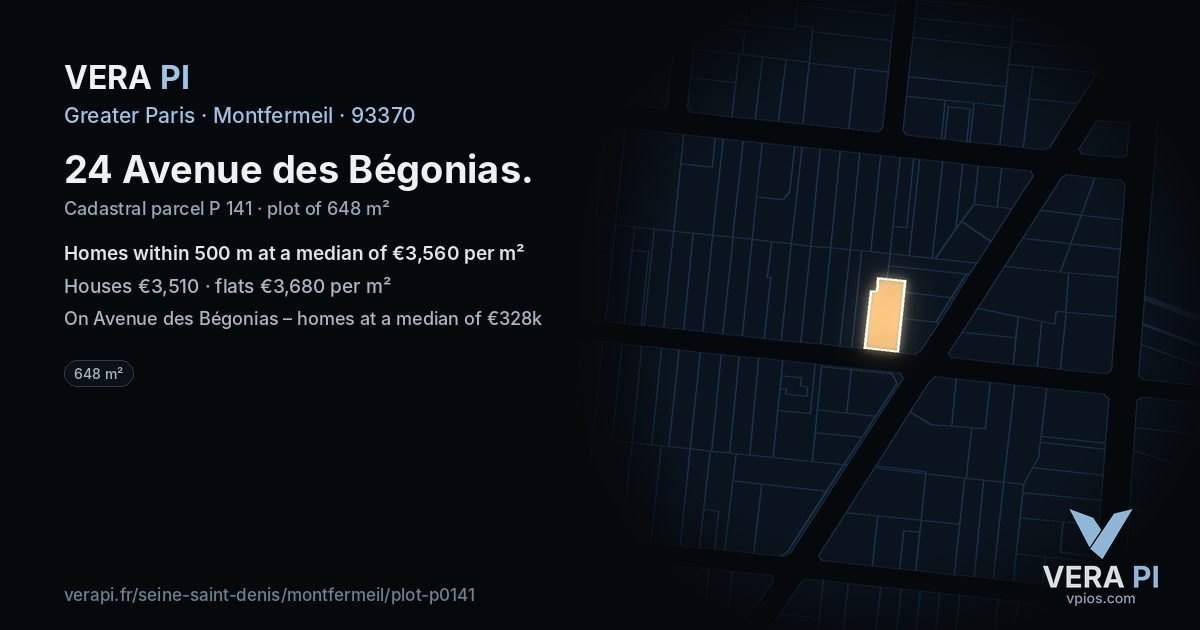 24 Avenue des Bégonias, Montfermeil at night – the plot lit, the parcels around coloured by the prices near them