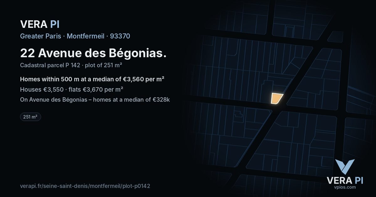 22 Avenue des Bégonias, Montfermeil at night – the plot lit, the parcels around coloured by the prices near them