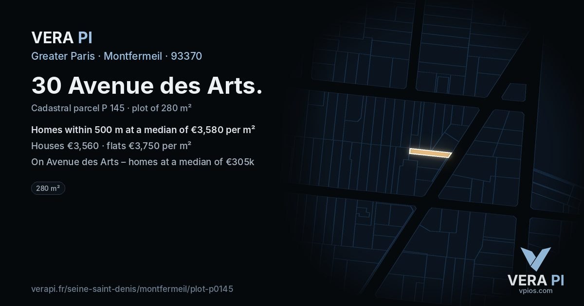 30 Avenue des Arts, Montfermeil at night – the plot lit, the parcels around coloured by the prices near them