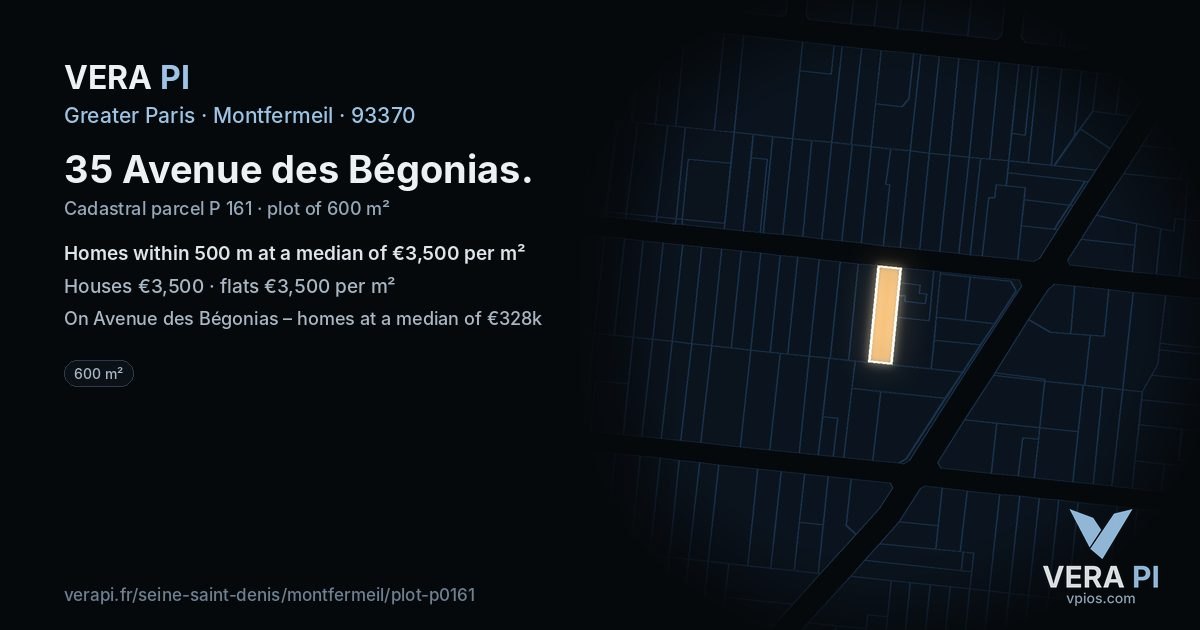 35 Avenue des Bégonias, Montfermeil at night – the plot lit, the parcels around coloured by the prices near them