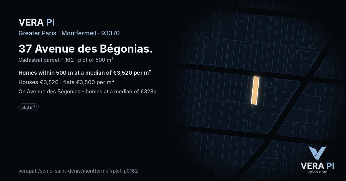 37 Avenue des Bégonias, Montfermeil at night – the plot lit, the parcels around coloured by the prices near them