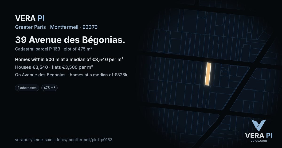 39 Avenue des Bégonias, Montfermeil at night – the plot lit, the parcels around coloured by the prices near them