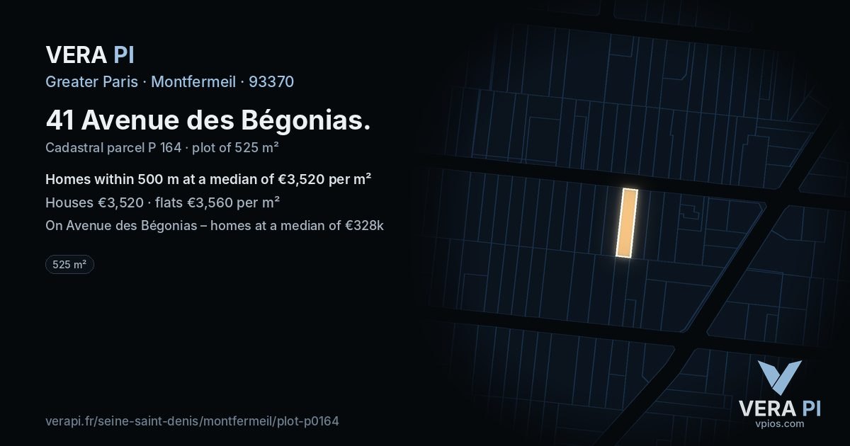 41 Avenue des Bégonias, Montfermeil at night – the plot lit, the parcels around coloured by the prices near them