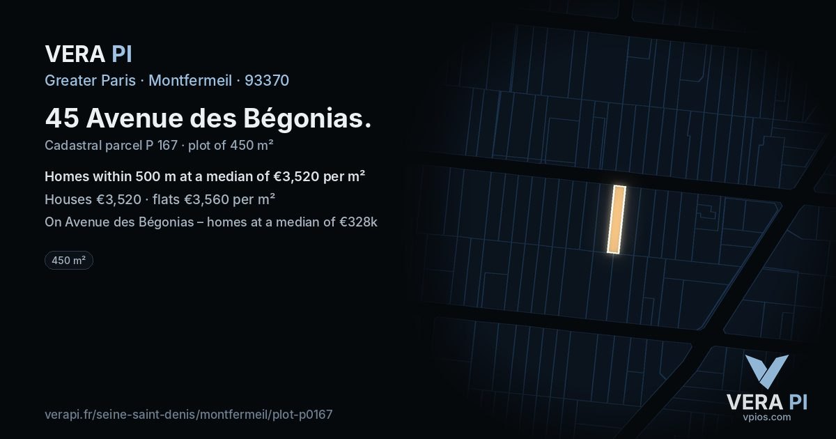 45 Avenue des Bégonias, Montfermeil at night – the plot lit, the parcels around coloured by the prices near them