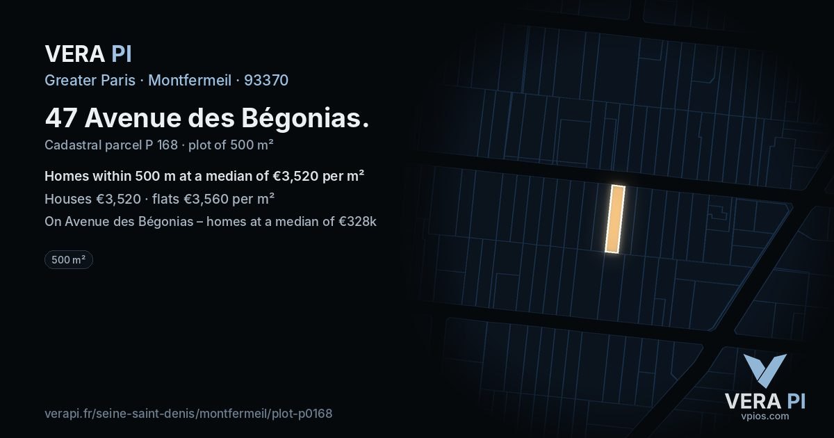 47 Avenue des Bégonias, Montfermeil at night – the plot lit, the parcels around coloured by the prices near them