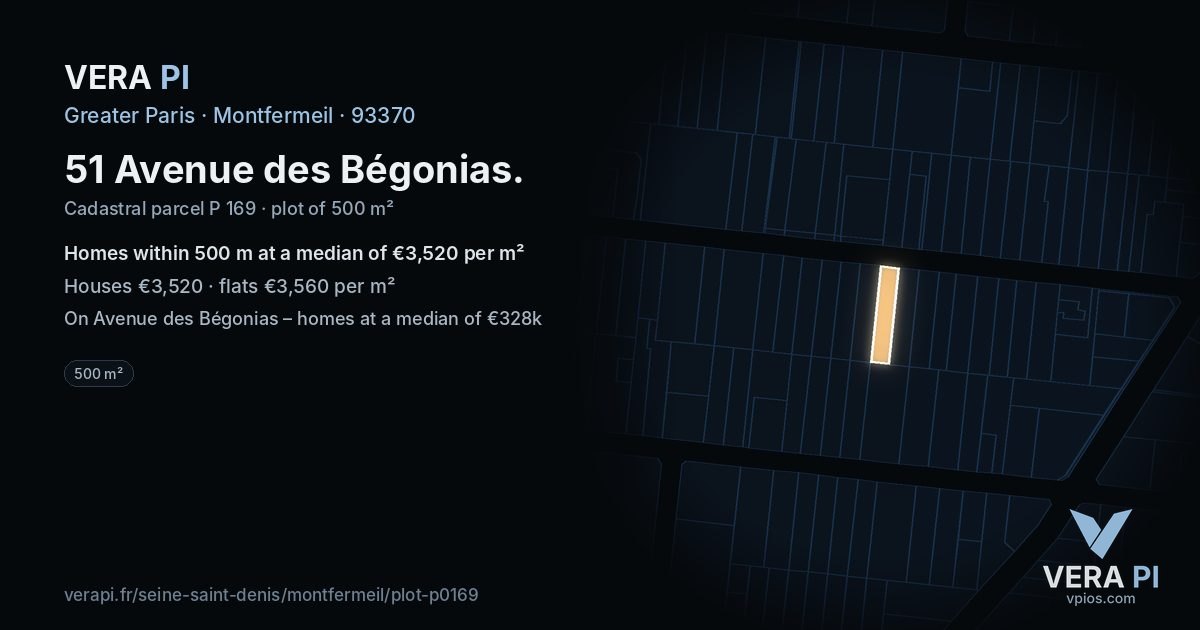 51 Avenue des Bégonias, Montfermeil at night – the plot lit, the parcels around coloured by the prices near them