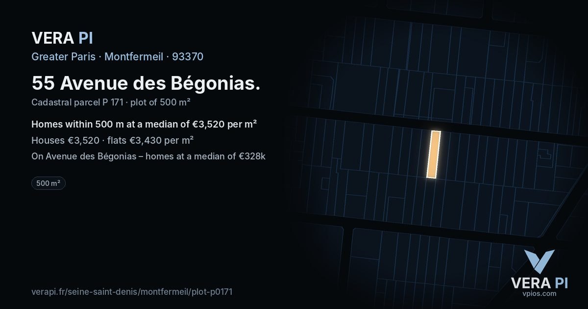 55 Avenue des Bégonias, Montfermeil at night – the plot lit, the parcels around coloured by the prices near them