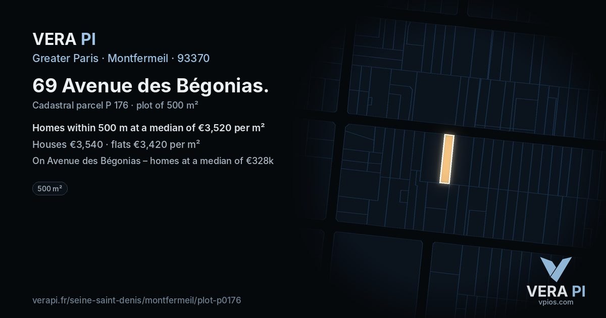 69 Avenue des Bégonias, Montfermeil at night – the plot lit, the parcels around coloured by the prices near them
