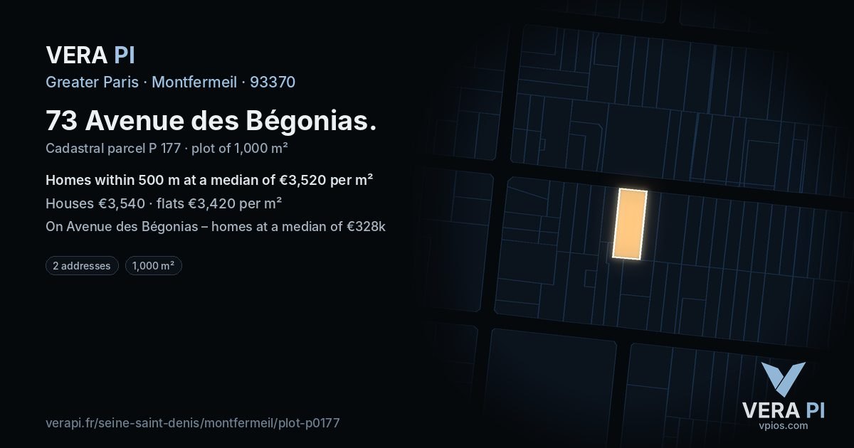 73 Avenue des Bégonias, Montfermeil at night – the plot lit, the parcels around coloured by the prices near them