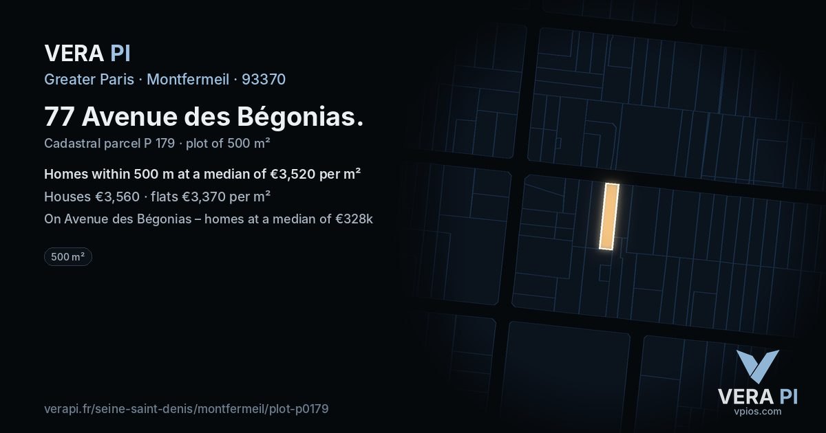 77 Avenue des Bégonias, Montfermeil at night – the plot lit, the parcels around coloured by the prices near them