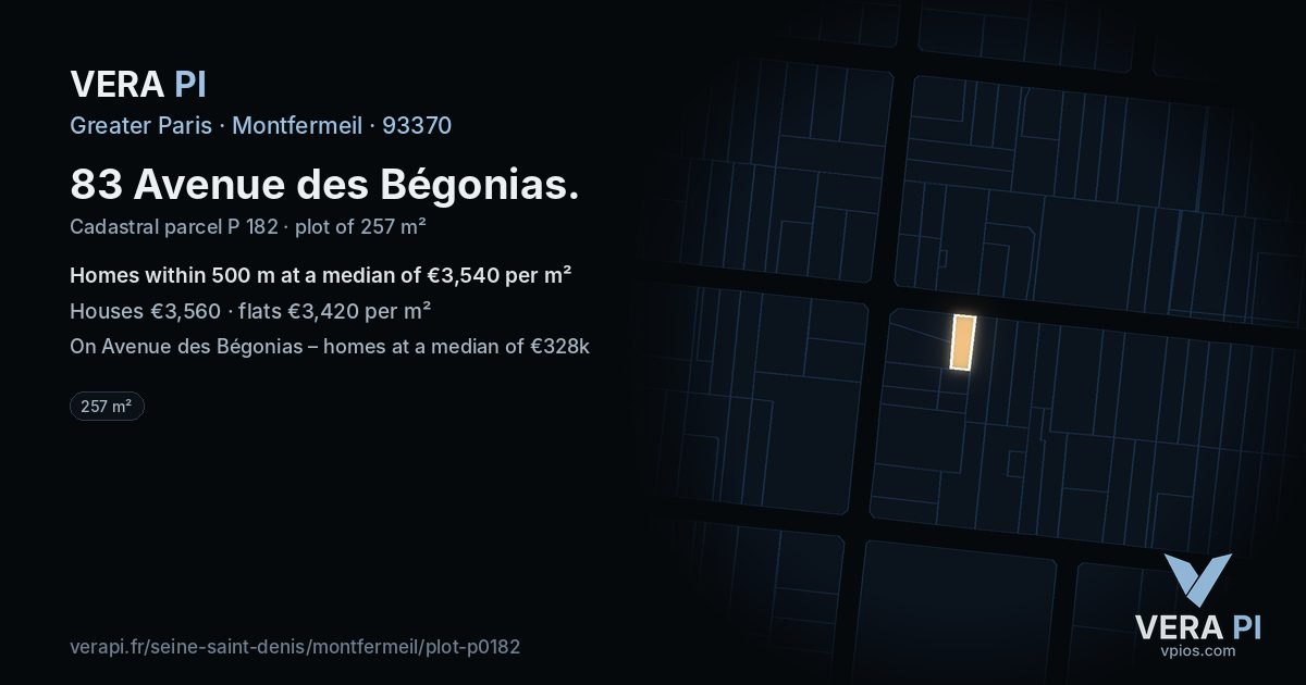 83 Avenue des Bégonias, Montfermeil at night – the plot lit, the parcels around coloured by the prices near them