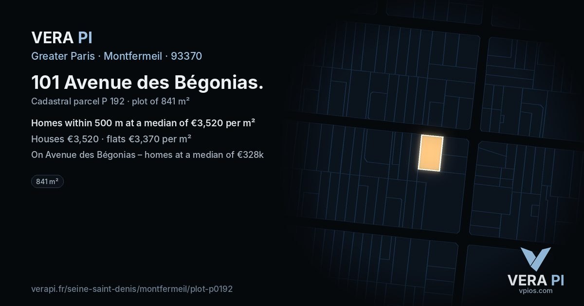 101 Avenue des Bégonias, Montfermeil at night – the plot lit, the parcels around coloured by the prices near them