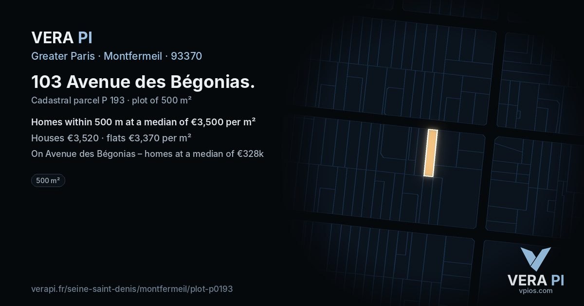 103 Avenue des Bégonias, Montfermeil at night – the plot lit, the parcels around coloured by the prices near them