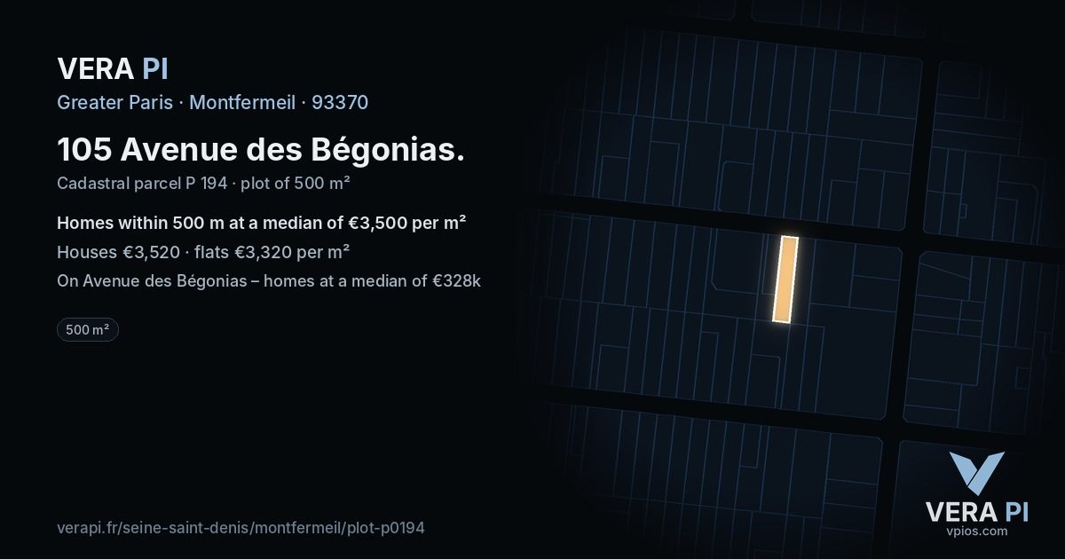 105 Avenue des Bégonias, Montfermeil at night – the plot lit, the parcels around coloured by the prices near them