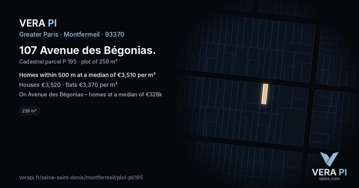 107 Avenue des Bégonias, Montfermeil at night – the plot lit, the parcels around coloured by the prices near them