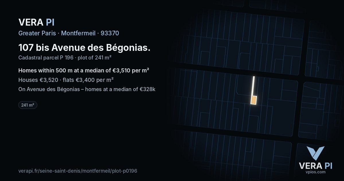 107 bis Avenue des Bégonias, Montfermeil at night – the plot lit, the parcels around coloured by the prices near them