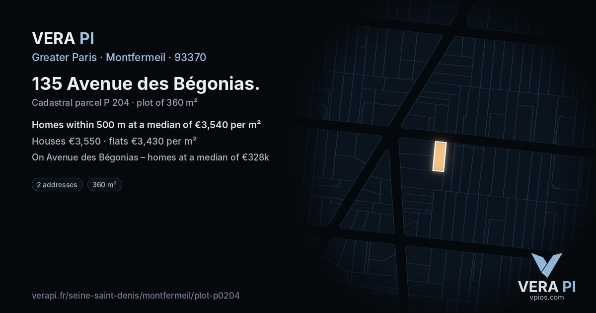 135 Avenue des Bégonias, Montfermeil at night – the plot lit, the parcels around coloured by the prices near them