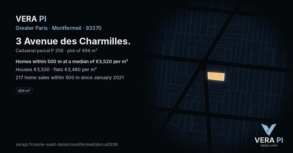 3 Avenue des Charmilles, Montfermeil at night – the plot lit, the parcels around coloured by the prices near them