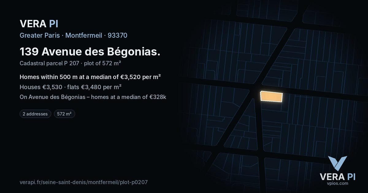 139 Avenue des Bégonias, Montfermeil at night – the plot lit, the parcels around coloured by the prices near them