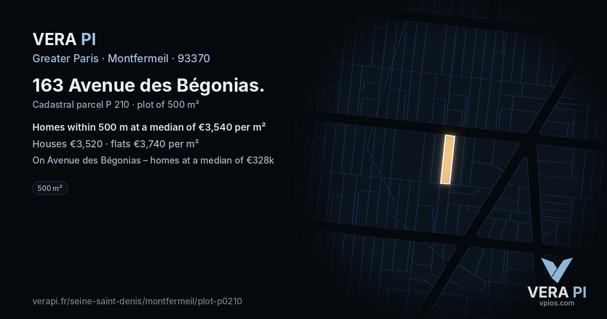 163 Avenue des Bégonias, Montfermeil at night – the plot lit, the parcels around coloured by the prices near them