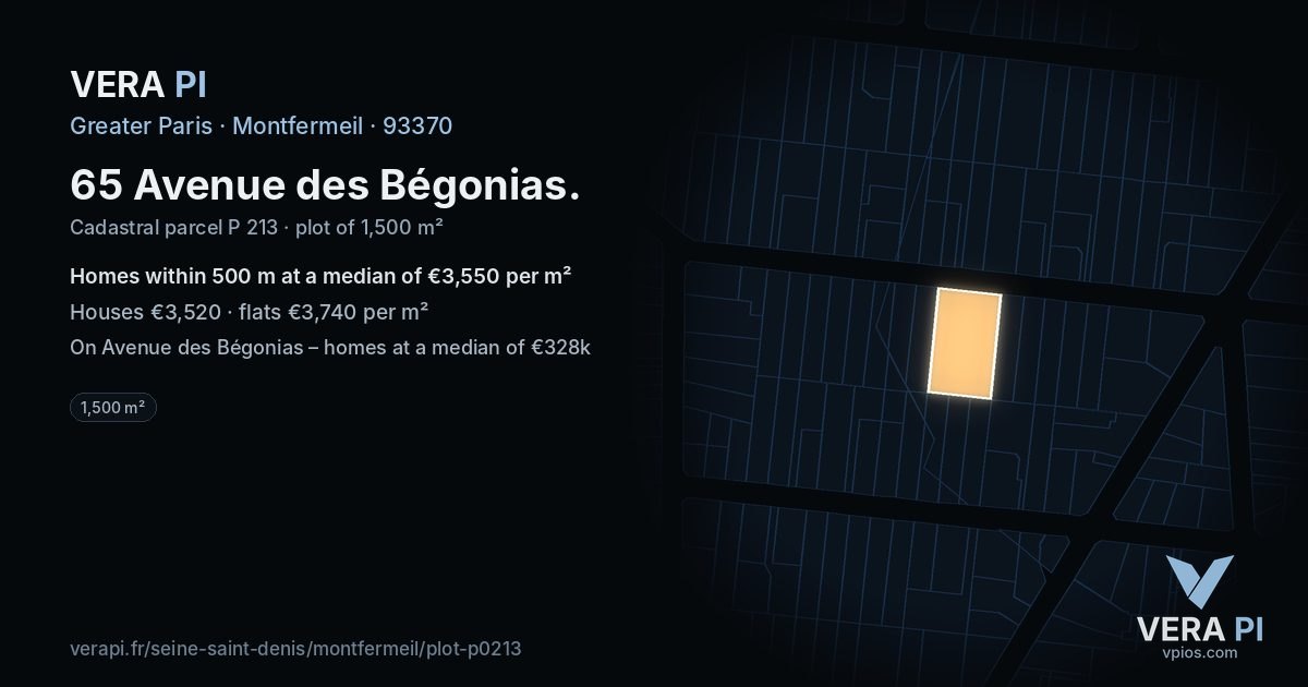 65 Avenue des Bégonias, Montfermeil at night – the plot lit, the parcels around coloured by the prices near them