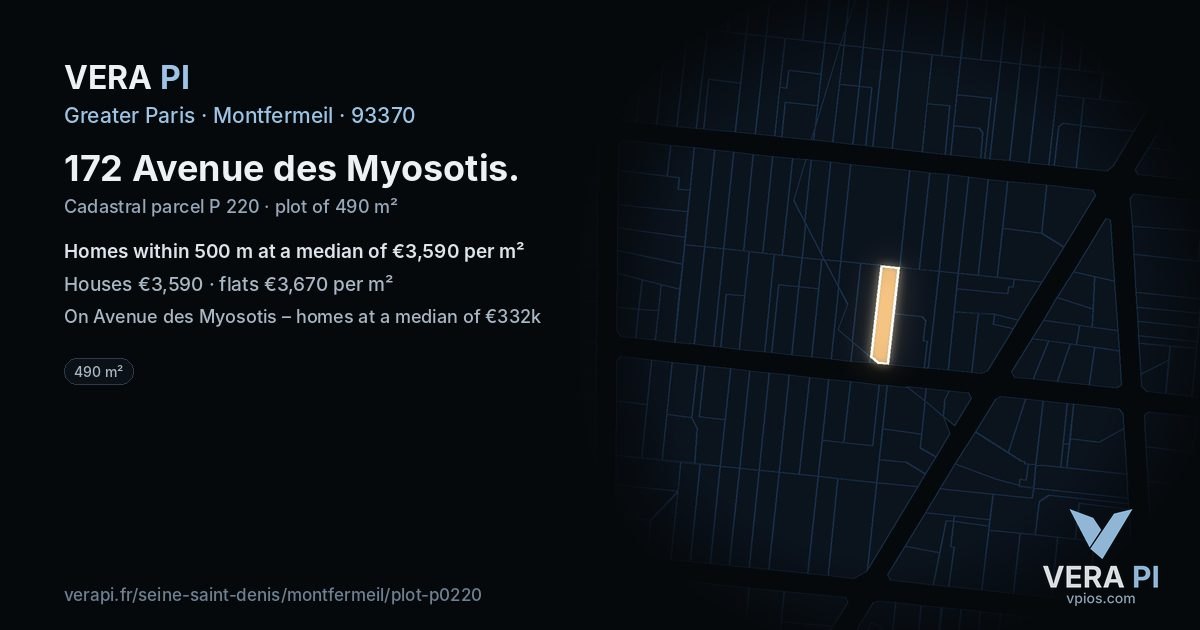172 Avenue des Myosotis, Montfermeil at night – the plot lit, the parcels around coloured by the prices near them