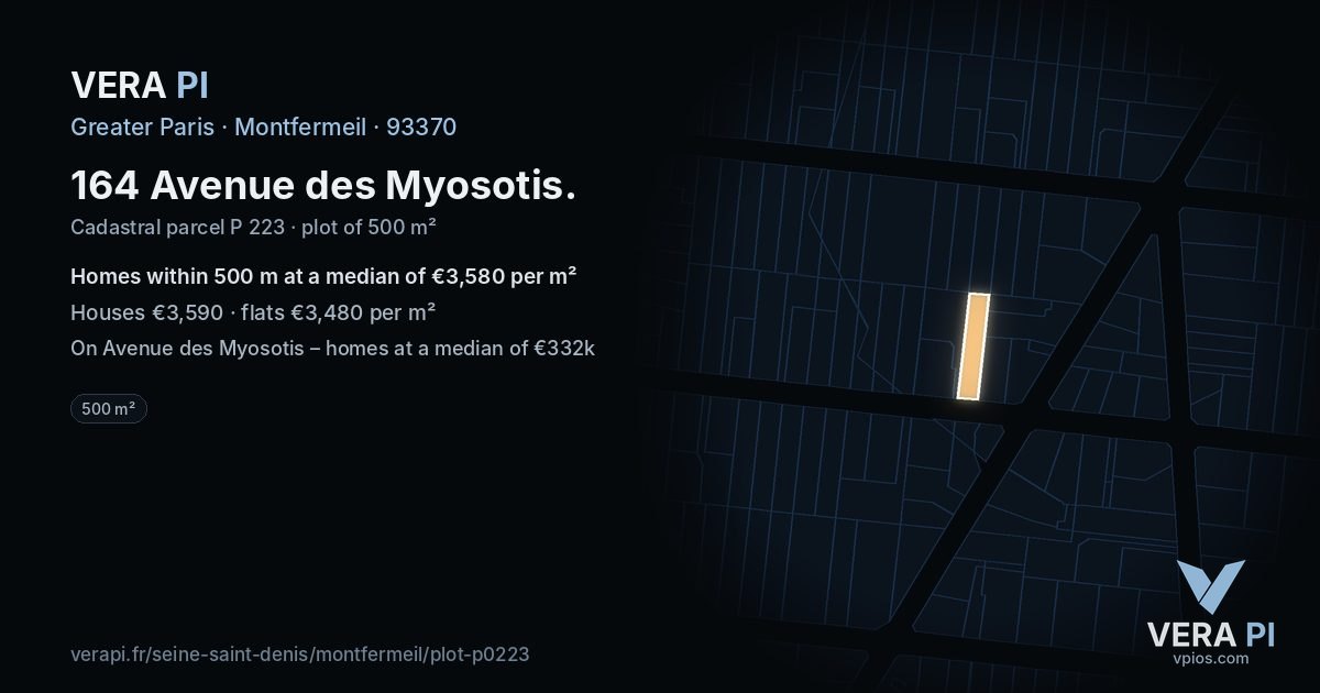 164 Avenue des Myosotis, Montfermeil at night – the plot lit, the parcels around coloured by the prices near them